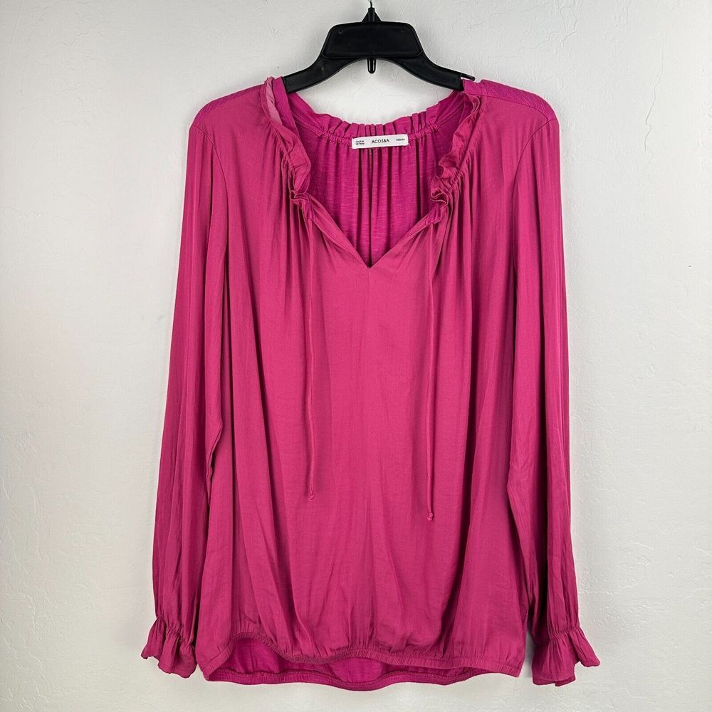 ACOS&A Top Women Medium Pink V-Neck Puff Long Sleeve Peasant Blouse Ruffled Boho